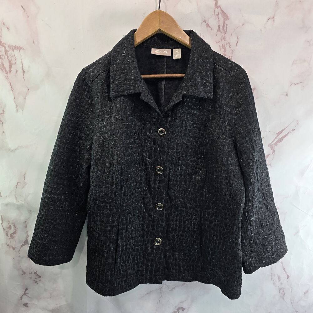 Chicos Jacket Womens Large 2 Black Organza Lightweight Leopard Shimmer Metallic